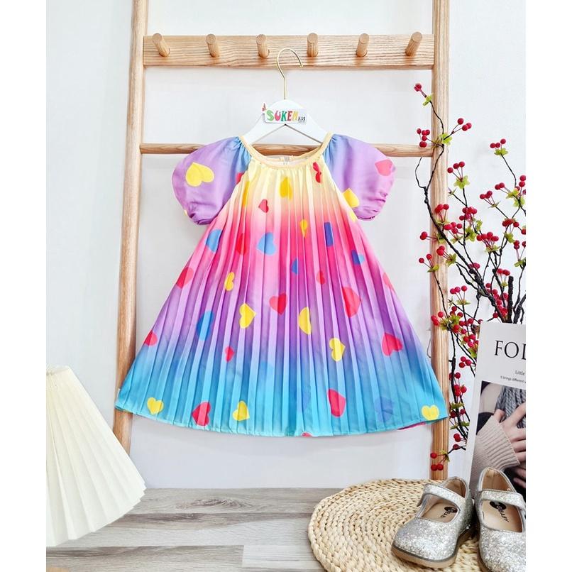 Đầm voan cho bé gái màu sắc cầu vồng mẫu tim bay mới nhất size 12-35kg hàng thiết kế cao cấp