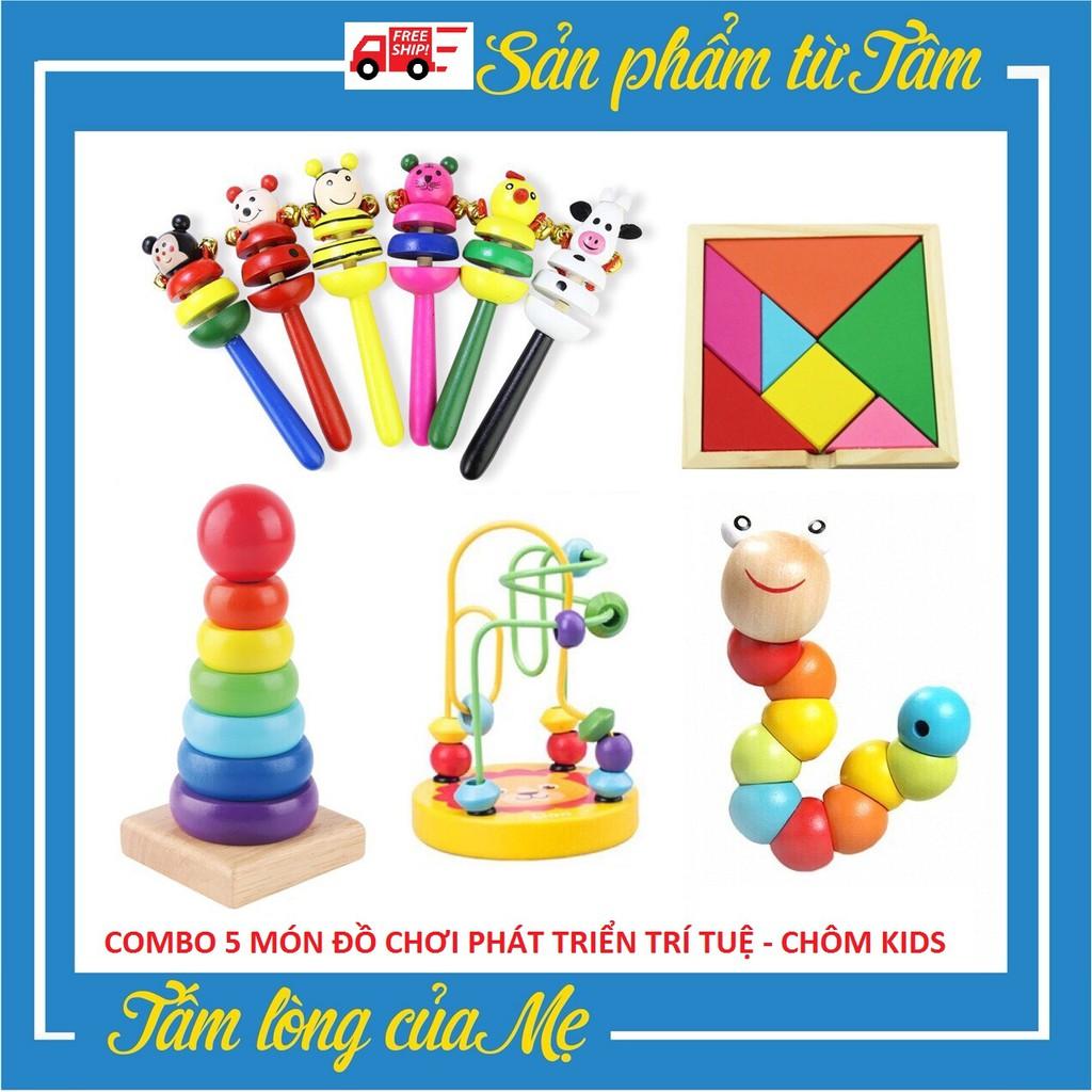 COMBO 5 Món Đồ Chơi Gỗ Phát Triển Trí Tuệ Cho Bé: Sâu Uốn Dẻo, Tháp 7 Màu, Luồn Hạt Mê Cung, Trí Uẩn Tangram, Xúc Xắc Gỗ