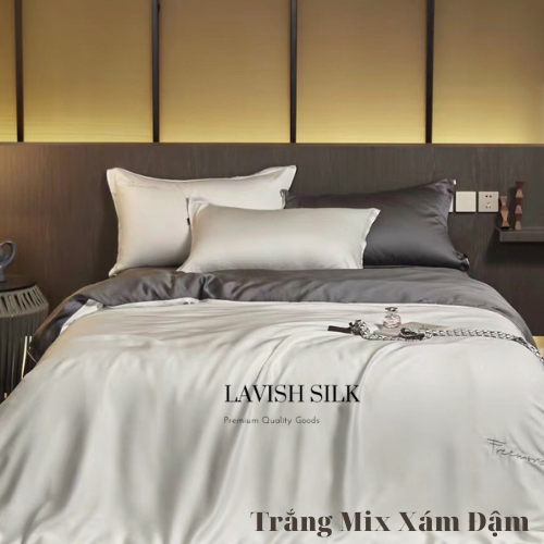 Trọn Bộ Ga Gối Lụa Kèm Chăn Sẵn Ruột + Tặng Bộ Quà Tặng Lavish Silk Cao Cấp - Trắng Mix Xám Đậm