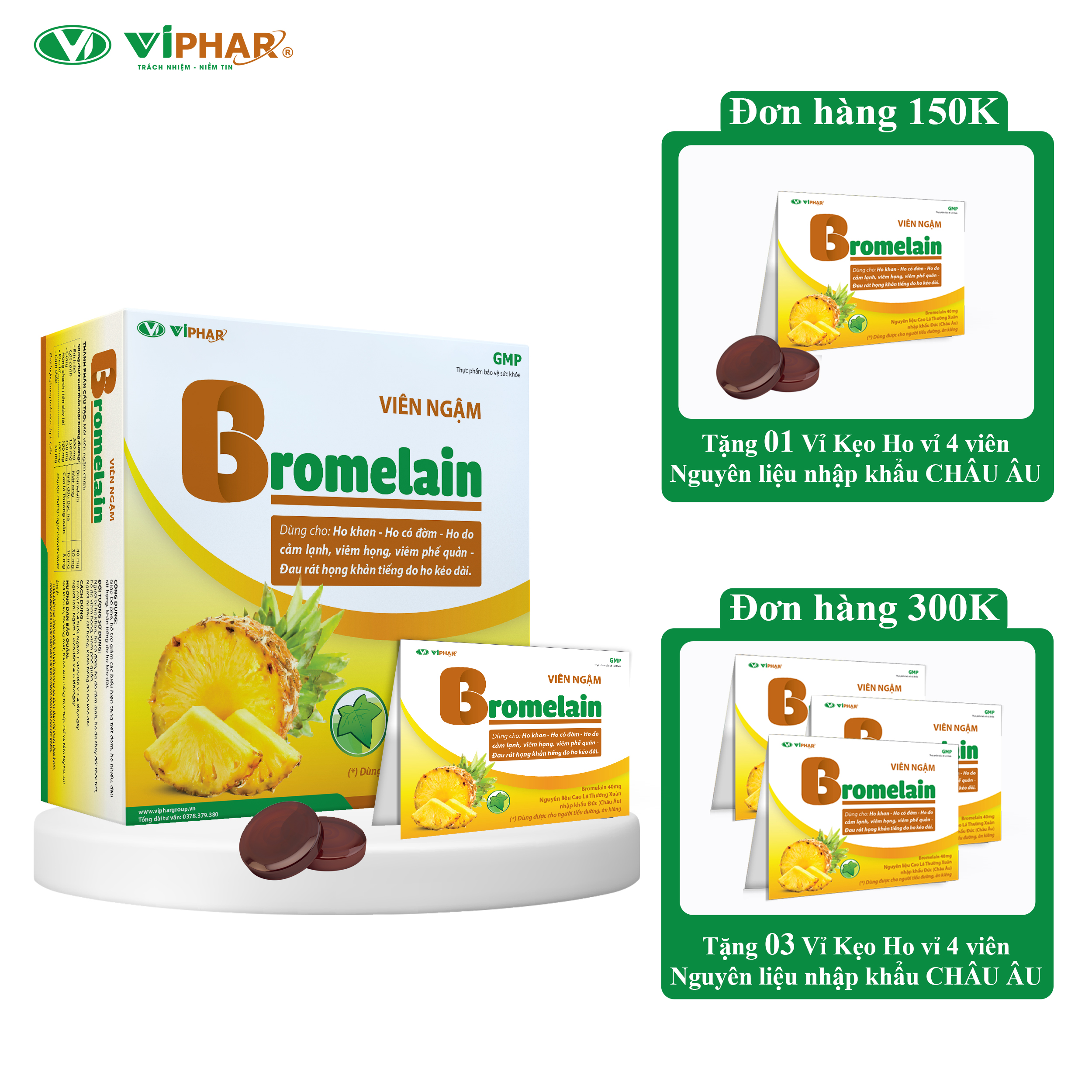 Viêm Ngậm Bổ Phế, Giảm Ho, Giảm Đau Rát Họng Nhanh, An Toàn Cho Người Tiểu Đường Viên Ngậm Ho Bromelain VIPHAR