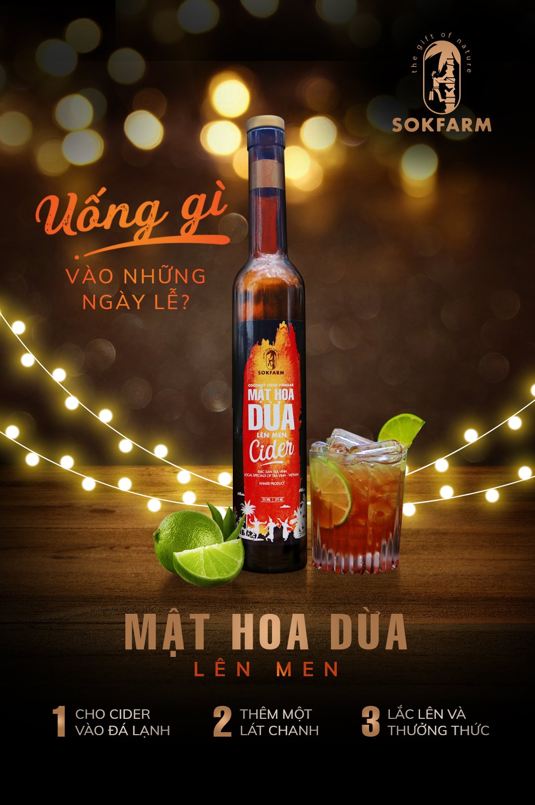 Mật Hoa Dừa Lên Men Cider SokFarm - Thức Uống Lên Men Dành Cho Phái Đẹp, Kích Thích Tiêu Hóa, Giảm Tích Tụ Mỡ Bụng, Giàu Chất Điện Giải Tự Nhiên - Chai 375 ml