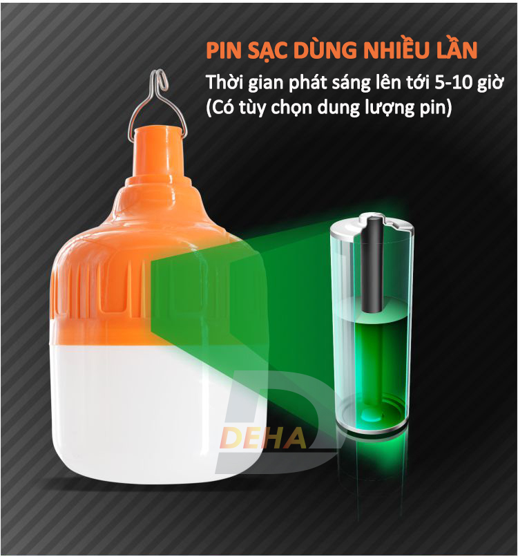 Bóng đèn Led sạc tích điện có móc treo, pin sạc dung lượng lớn, không cần dây điện, bulb chống nước, chiếu sáng du lịch, cắm trại camping, quầy hàng, câu cá, sửa xe - Đèn sạc không dây