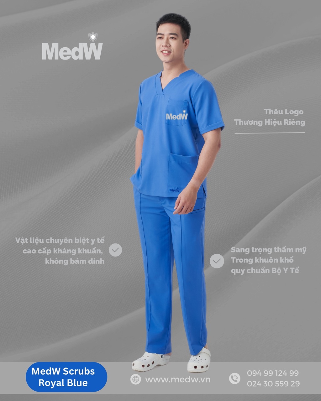 MedW Apollo Scrubs Y Tế Royal Blue (Nam) Xanh Hoàng Gia Bộ Trang Phục Y Tế Bộ Trang Phục Y Tế Bác Sĩ, Điều Dưỡng Thiết Kế Pháp Cách Tân, Vật Liệu Y Tế Cotton Nhật Nhập Khẩu Chuyên Biệt Không Bám Dính, Xếp Ly Giữ Dáng Suông Vận Động Tự Do