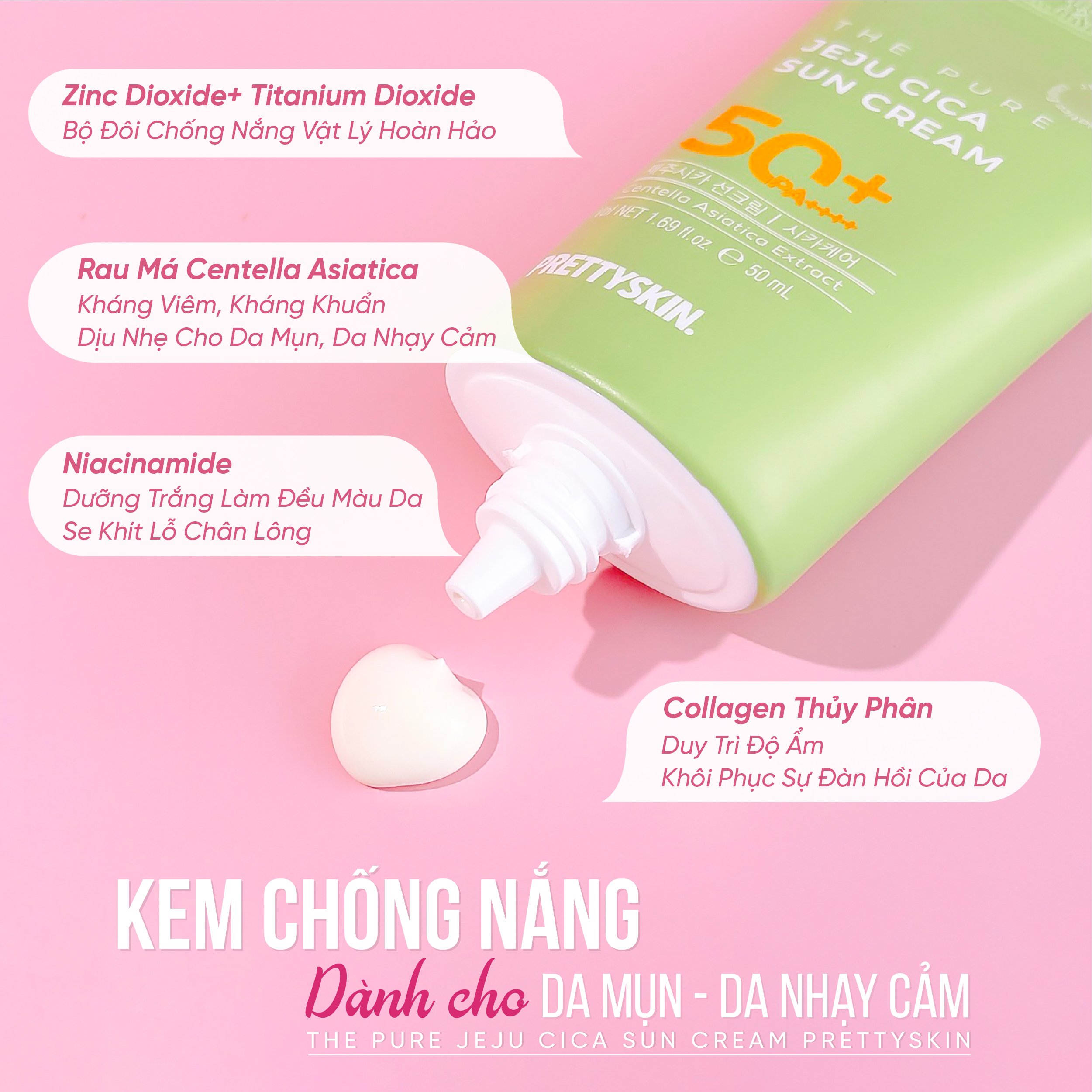 Hình ảnh Kem Chống Nắng Rau Má Không Lo Bết Dính Jeju Cica Pretty Skin SPF50+ PA++++ 50ml Cho Da Dầu, Nhạy Cảm tặng móc khóa