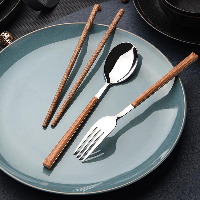 Chén Ăn Di Động Tay Cầm Bằng Gỗ Chén Ăn Inox Ống Đựng Đũa Muỗng Đũa Tập Ăn Du Lịch Dao Kéo Bàn Ăn Có Hộp