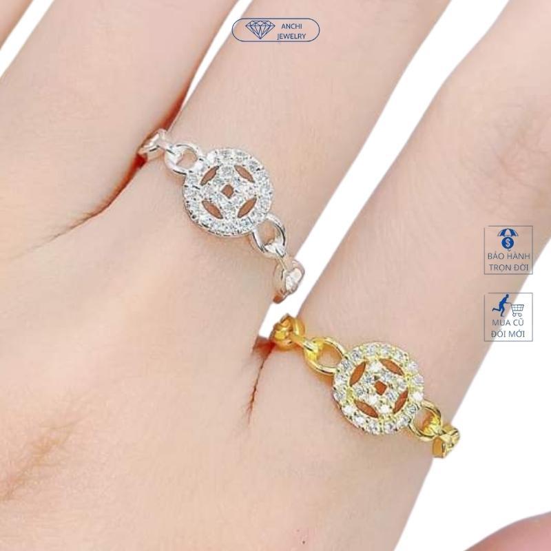 Nhẫn kim tiền chữ vạn đính đá bạc mạ vàng cho nữ, Anchi jewelry