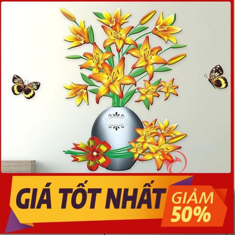 Tranh dán tường 3D treo phòng khách, phòng ngủ trang trí đẹp hình bình lọ hoa hồng/sen/trà/đào