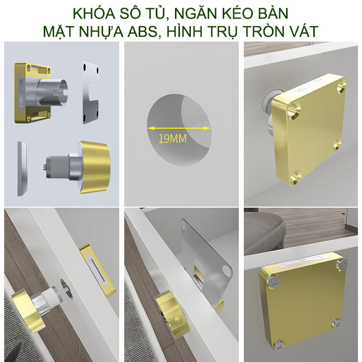 Khóa số tủ, ngăn kéo bàn mặt trụ tròn vát ABS20V với 3 mã số có thể thay đổi được, phù hợp gỗ dày 14-18mm