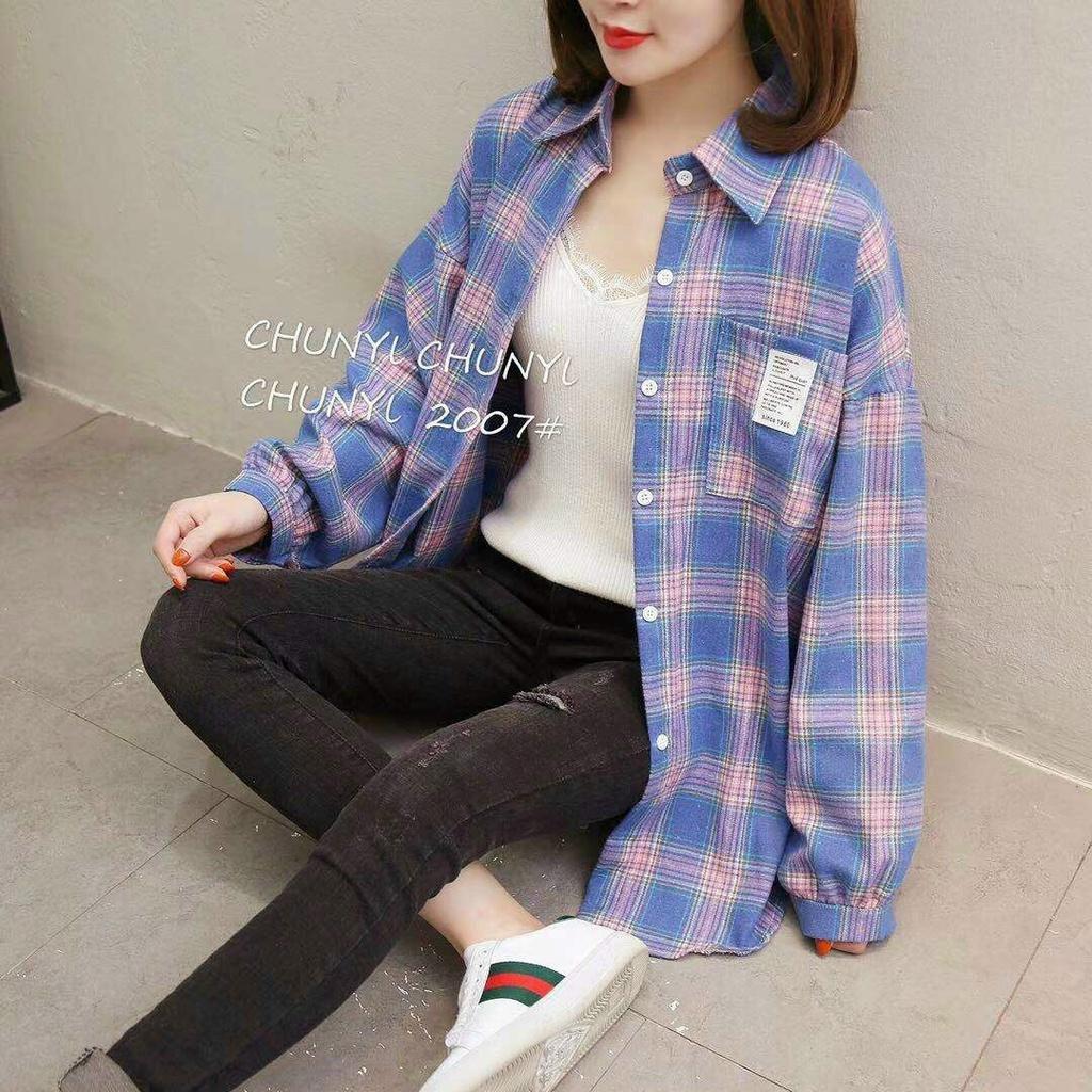 Áo sơ mi kẻ form rộng phong cách Hàn Quốc hàng Quảng Châu
