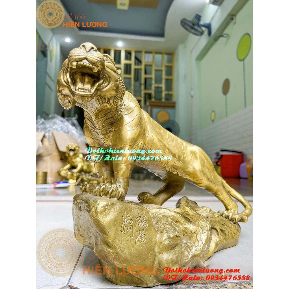 Tượng Hổ Gầm Đứng Bệ Núi Đá - Hổ Thét Sơn Hà Bằng Đồng Nguyên Chất Cao 22cm Đẹp Tinh Xảo