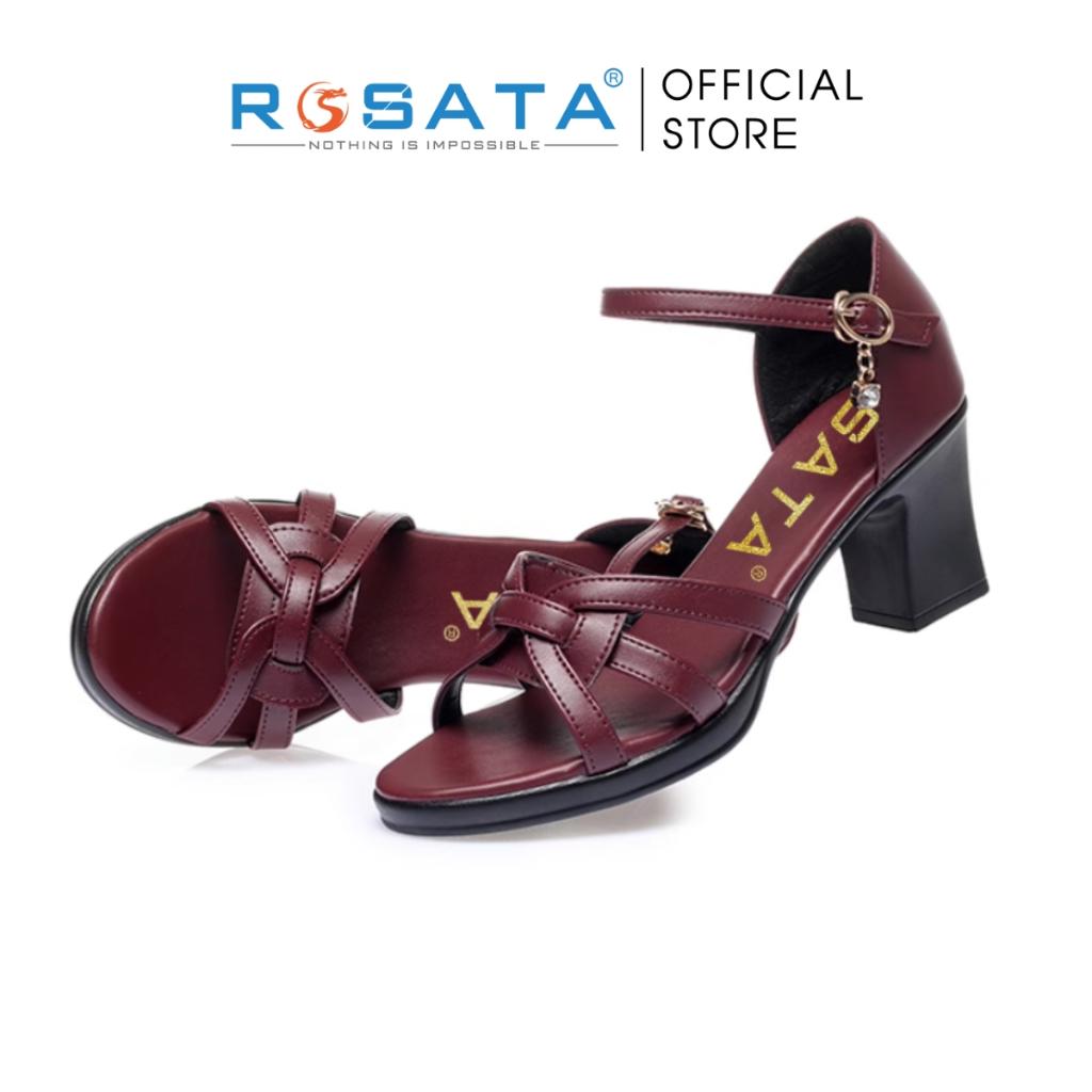 Giày sandal cao gót nữ ROSATA RO450  xỏ ngón phối dây mũi tròn quai cài mảnh gót vuông cao 7cm xuất xứ Việt Nam - Đỏ Đô