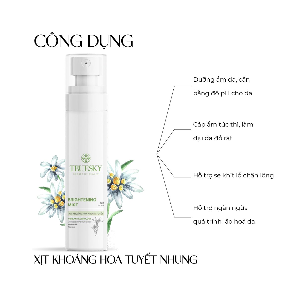 Xịt khoáng hoa nhung tuyết giúp dưỡng ẩm và cân bằng độ pH da Truesky Brightening Mist 100ml