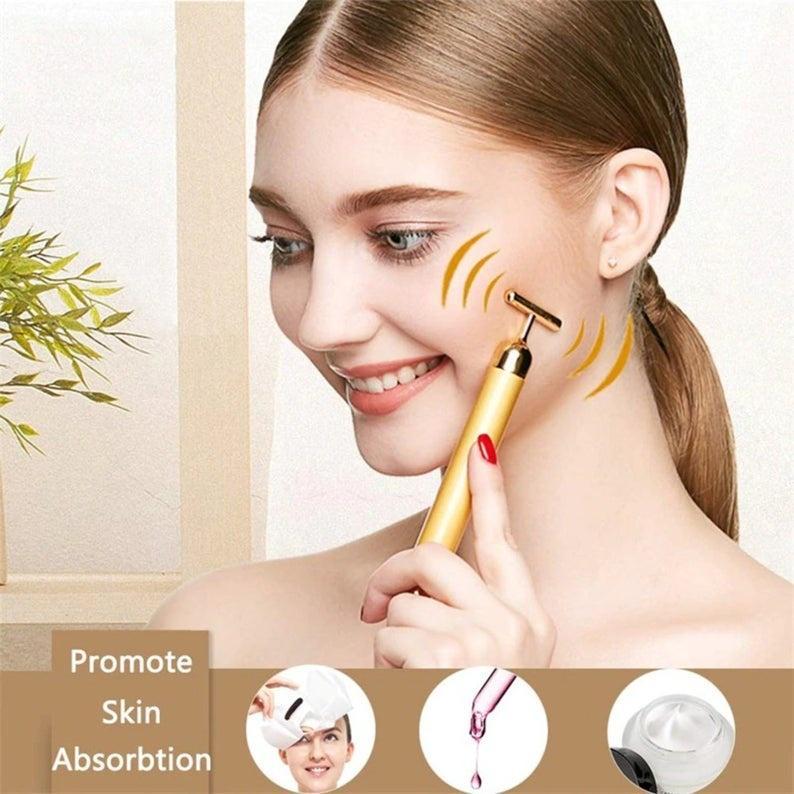 Cây lăn mát xa mặt nâng cơ xi mạ vàng 24K, máy massage mặt giúp giảm nếp nhăn B08