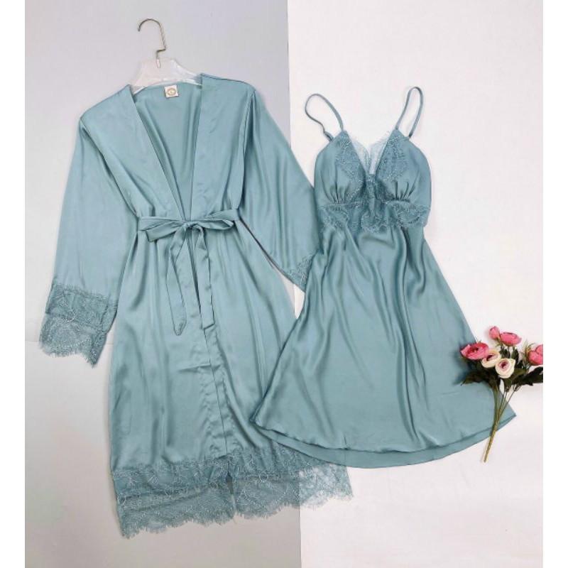Set áo choàng váy ngủ lụa phối ren mi sang trọng đủ màu tặng kèm quần lót ren xinh xắn gợi cảm