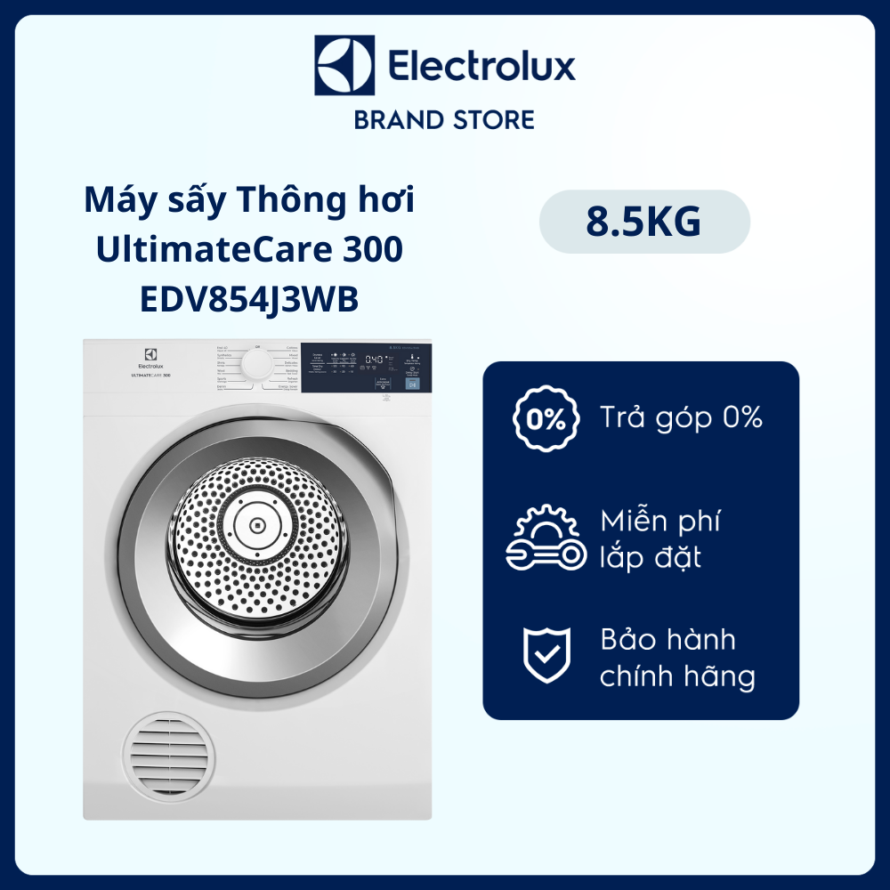 [Miễn phí lắp đặt] Máy sấy thông hơi Electrolux 8.5kg UltimateCare 300 - EDV854J3WB - Lồng giặt chuyển động luân phiên, giảm nhăn, giảm phai màu [ Hàng chính hãng]