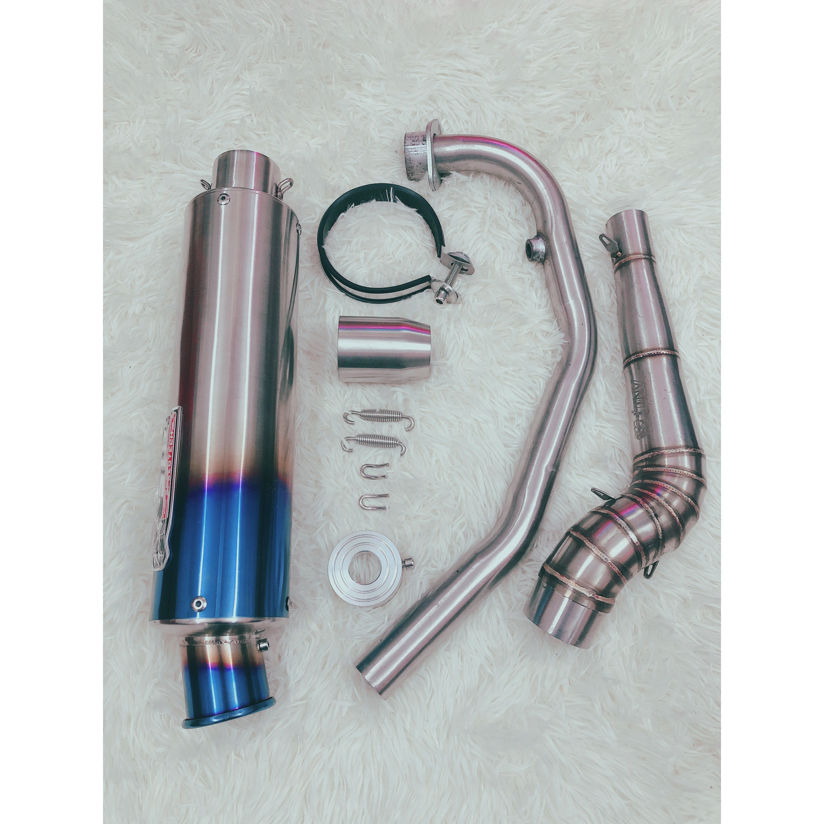 Pô lon STP mỏ cụp titan 7 màu / kèm cổ 2 khúc / tặng tiêu giảm thanh / dành cho xe máy