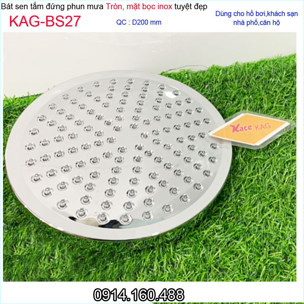 Bát sen tắm đứng tròn 20x20 cm KAG-BS27, đầu sen phun mưa màu inox bóng tia nước mạnh phun đều sử dụng tốt