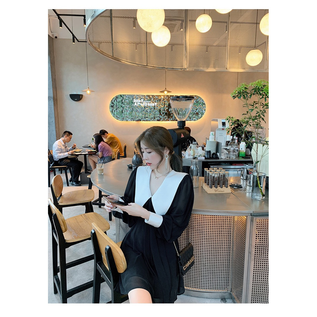 Đầm sang trọng trắng đen cổ nhọn cột nơ phối chất voan lụa cao cấp WHITE DRESS 29