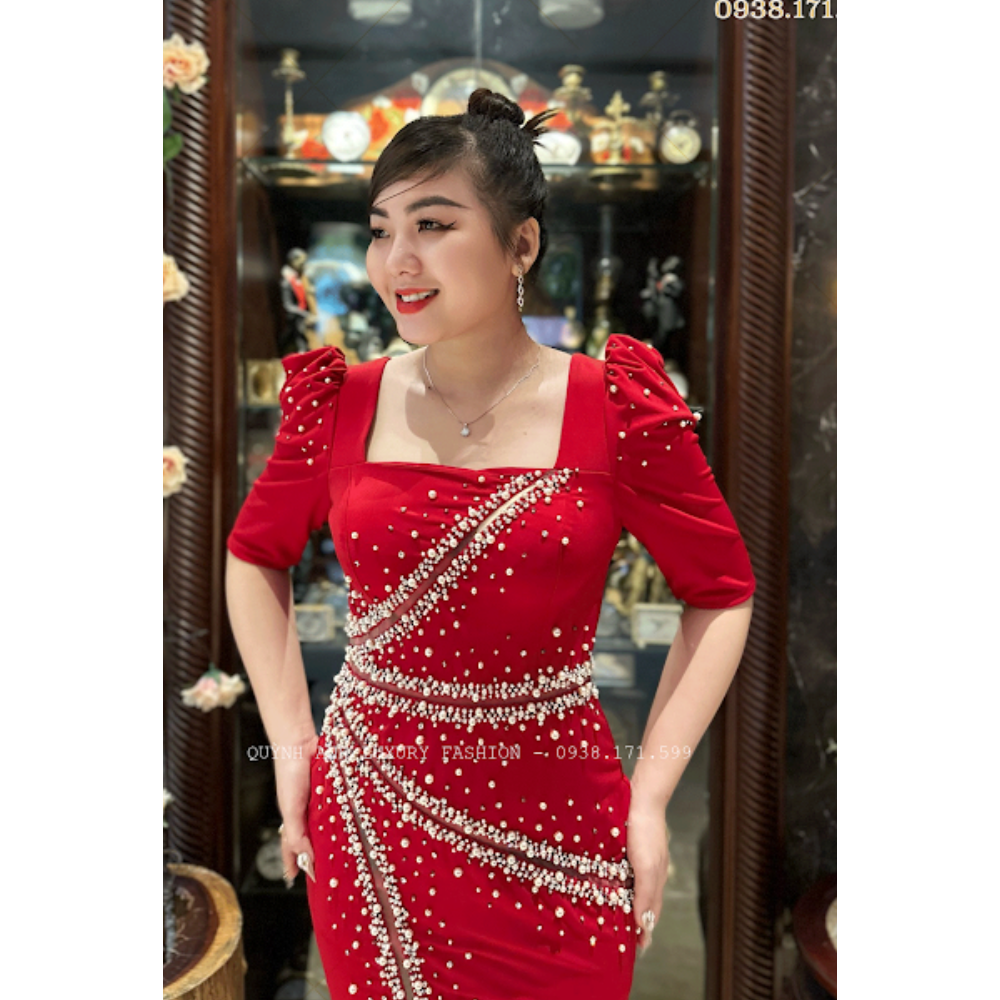 Hình ảnh Đầm Dạ Hội Đỏ Ngọc Trai Pha Lê Sang Trọng Cao Cấp Gloria Dress