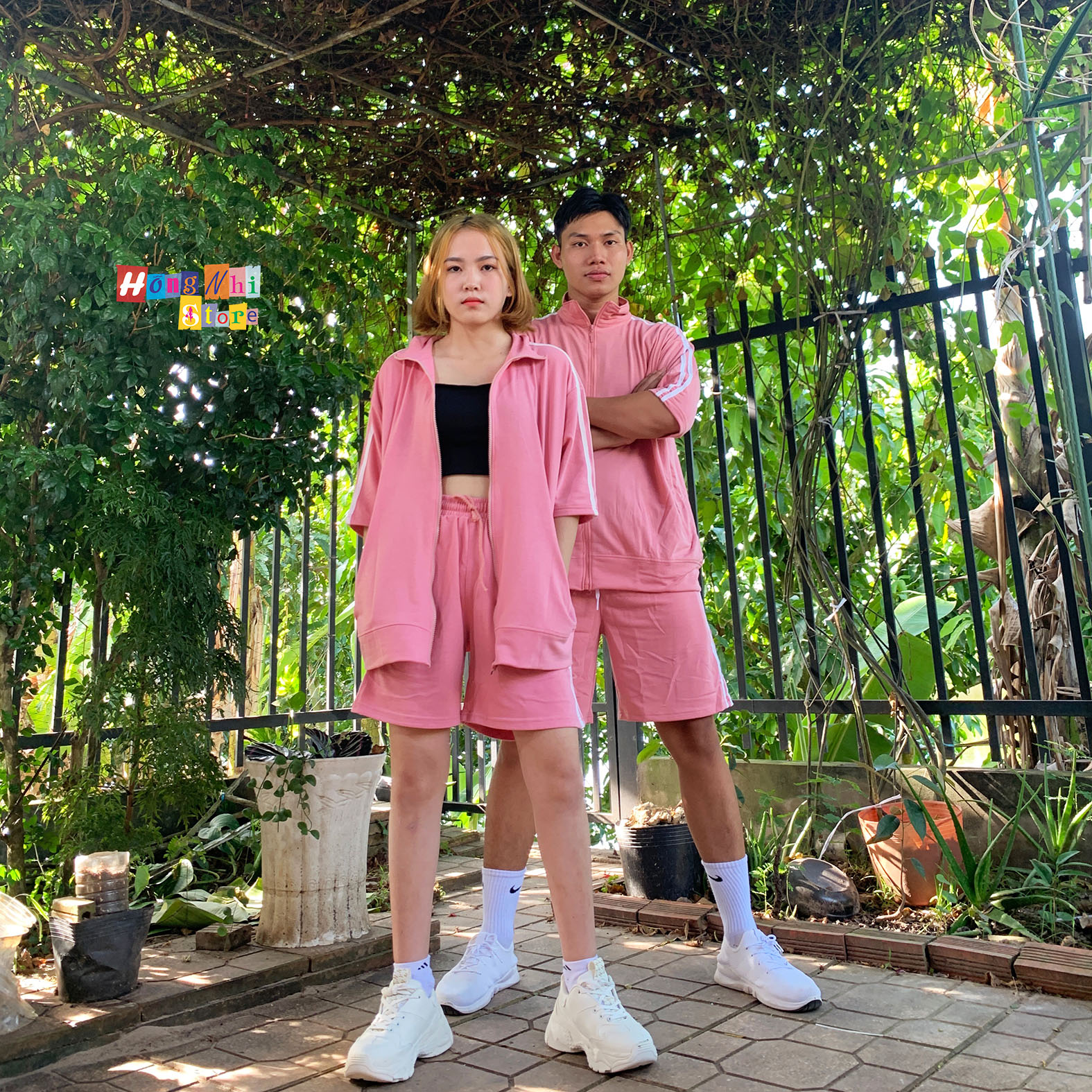 Set Bộ Thể Thao Oversize Ulzzang Unisex Áo Khoác Tay Ngắn Quần Short Màu Hồng Cao Cấp - MM