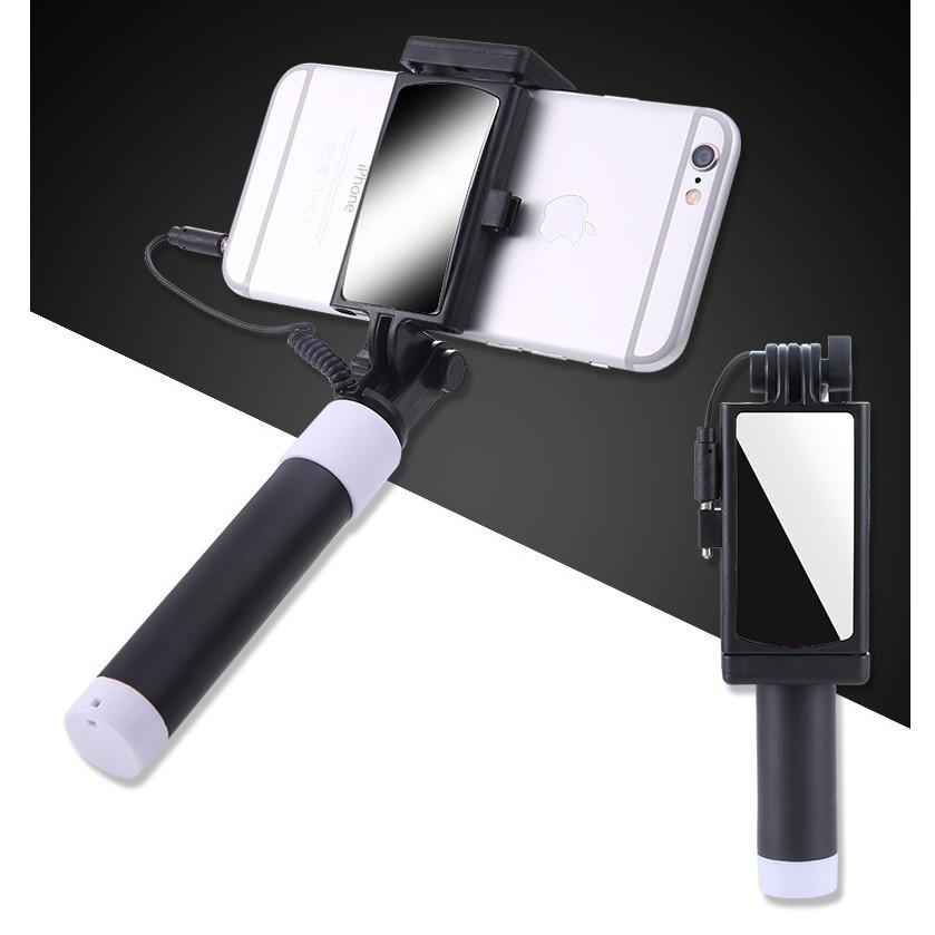 Gậy Chụp Ảnh Tự Sướng Selfie Stick Có Gương Kết Nối Cổng Tai Nghe 3.5mm