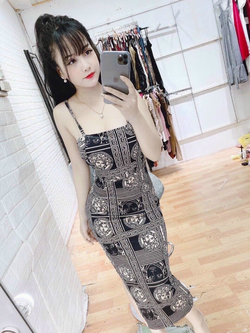 Đầm body hai dây vải thun dẻo co giãn thoải mái có mút ngực