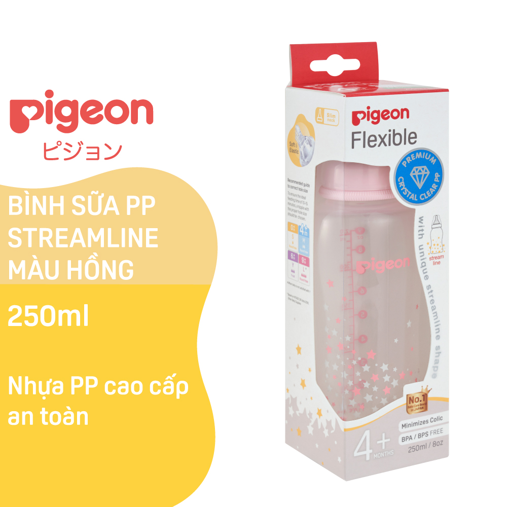 Bình sữa cổ hẹp PP Streamline hình ngôi sao hồng/xanh Pigeon 250ml (M)