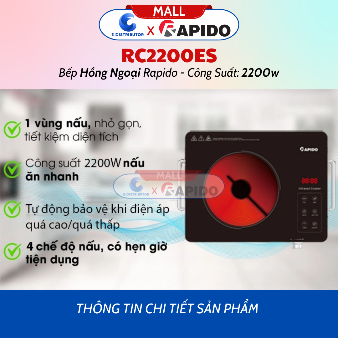 Bếp Hồng Ngoại Đơn Rapido RC2000ES (2000w)/ RC2200ES (2200w) - Bếp Từ Đơn RI2000ES ( Công Suất 2000w) - Hàng Chính Hãng - Bảo Hành 12 Tháng - Tiện lợi trong gia đình - Hồng ngoại RC2200ES