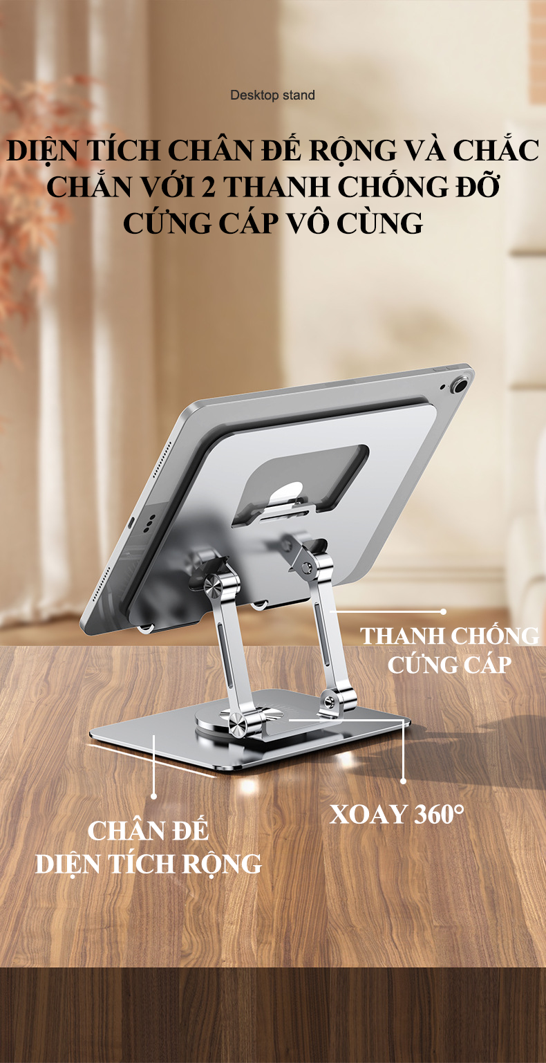 Giá đỡ điện thoại, ipad bằng kim loại cứng cáp có thể xoay 360° phù hợp cho các thiết bị từ 4 đến 12 inch HD00030