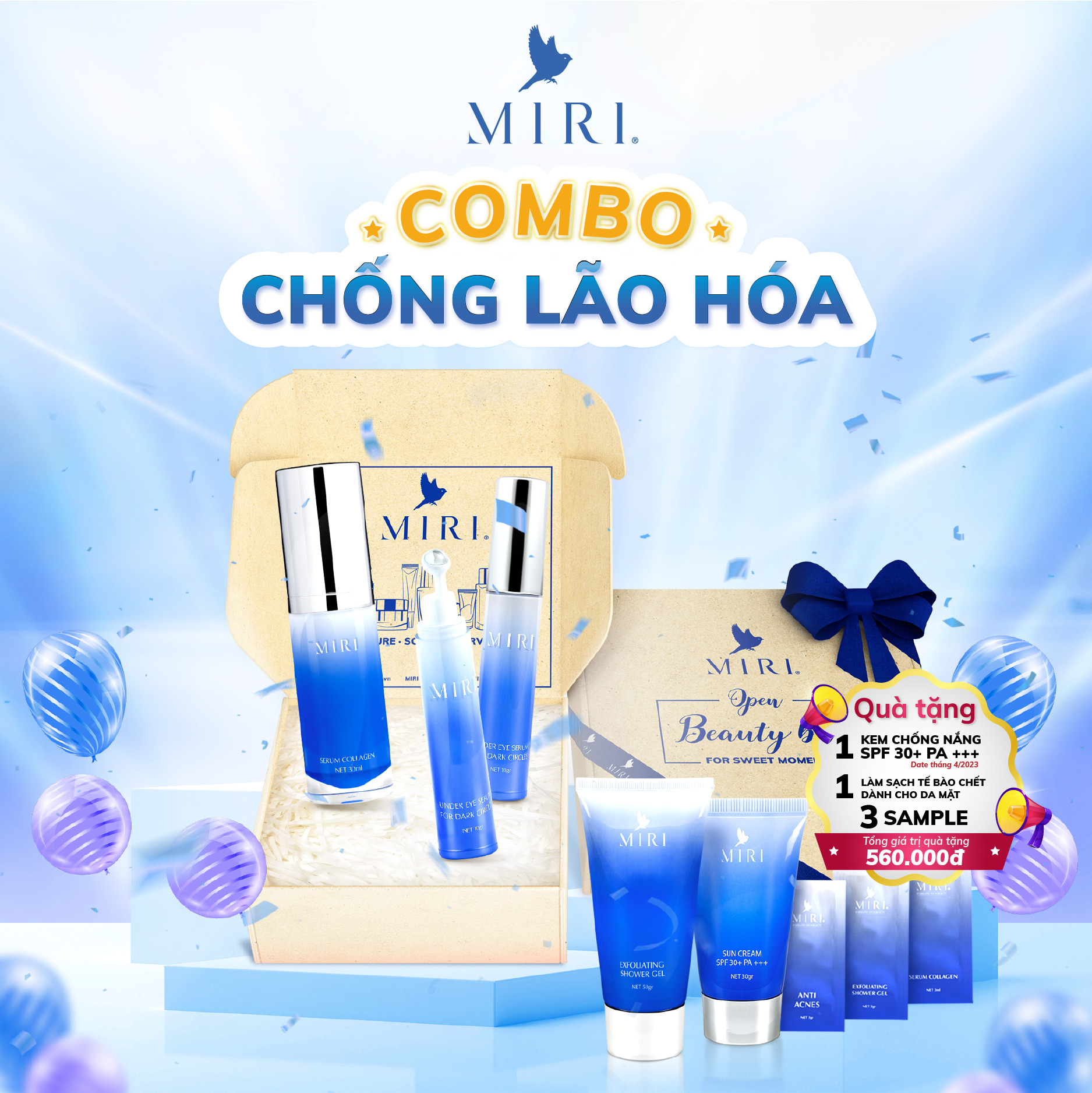 COMBO CHỐNG LÃO HÓA: Serum Collagen MIRI  30ml &amp; Under Eye Serum For Dark Circles MIRI 10gram