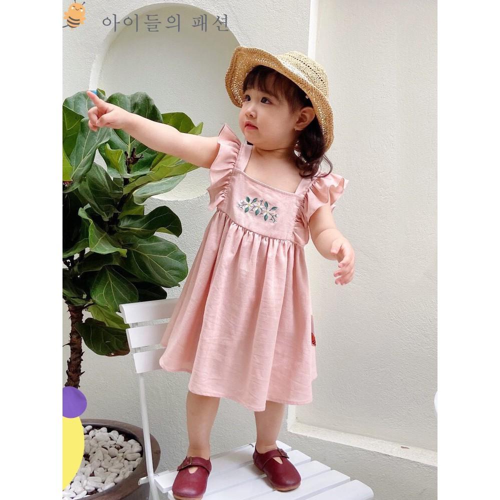 Đầm vải lụa cổ vuông thêu hoa cho bé gái nhỏ