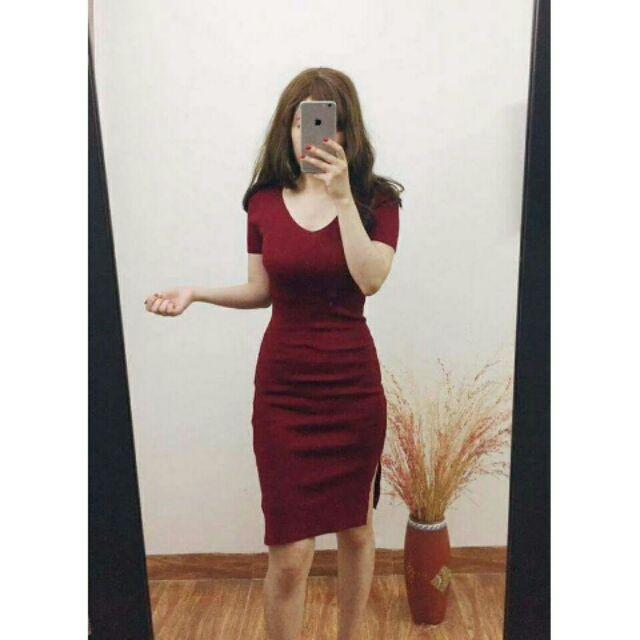 Váy cổ tim ôm body xẻ tà tay lỡ cực sexy