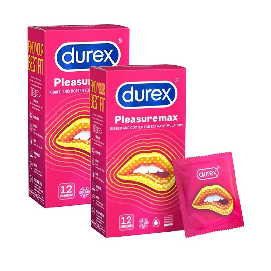 Bộ 2 hộp Bao cao su Durex Pleasuremax Ribbed &amp; Dodted 12 bao / hộp - Thiết kế Gân và Gai kết hợp 56mm tăng khoái cảm từ Bao cao su Durex CAO CẤP