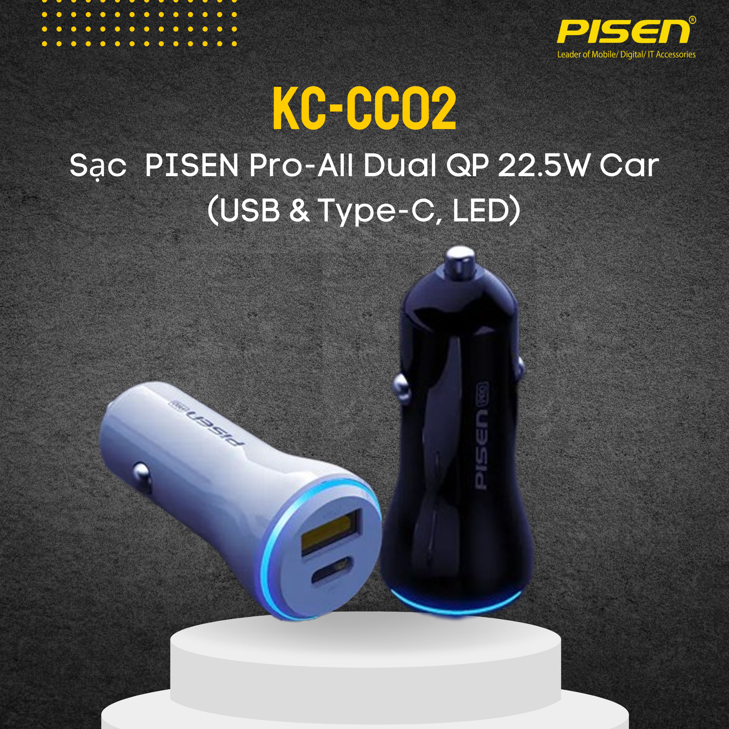 SẠC XE HƠI PISEN QUICK DUAL PORT QP 22.5W KC-CC02 - Hàng chính hãng Bảo Hành 18 tháng