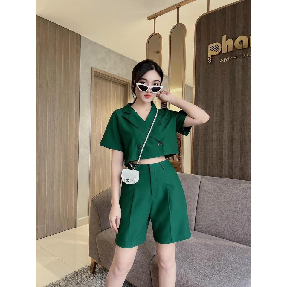 Sét bộ đồ nữ áo vest croptop phối quần lửng đa màu sắc (Xanh lá, Xanh dương, Đỏ, Nâu) thích hợp dạo phố, đi biển