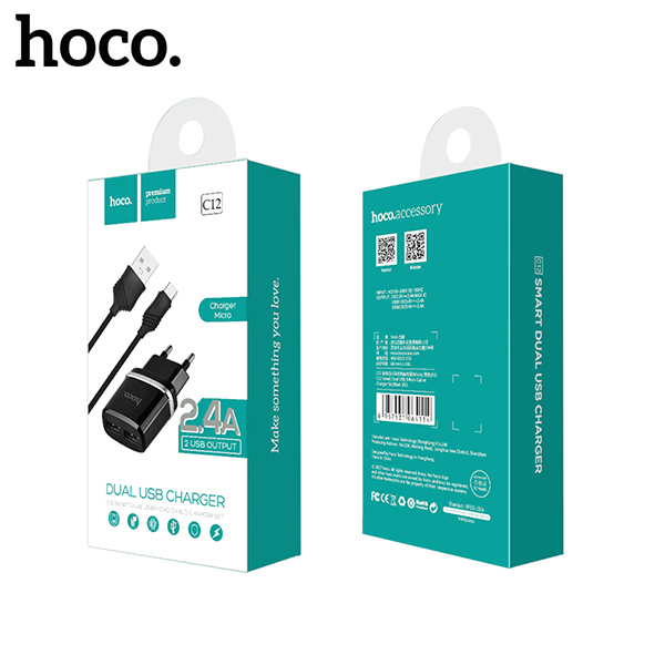 Bộ sạc điện thoại HoCo C12 dây MicroUSB (Đen)