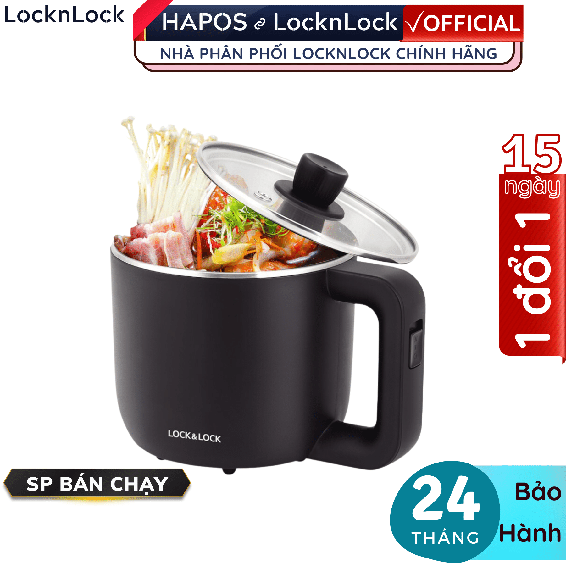 Nồi điện đa năng Lock&amp;Lock EJP116BLK 0.8L - Hàng chính hãng, nấu mì nấu lẩu nấu nước, tặng kèm khay hấp trứng - Hapos