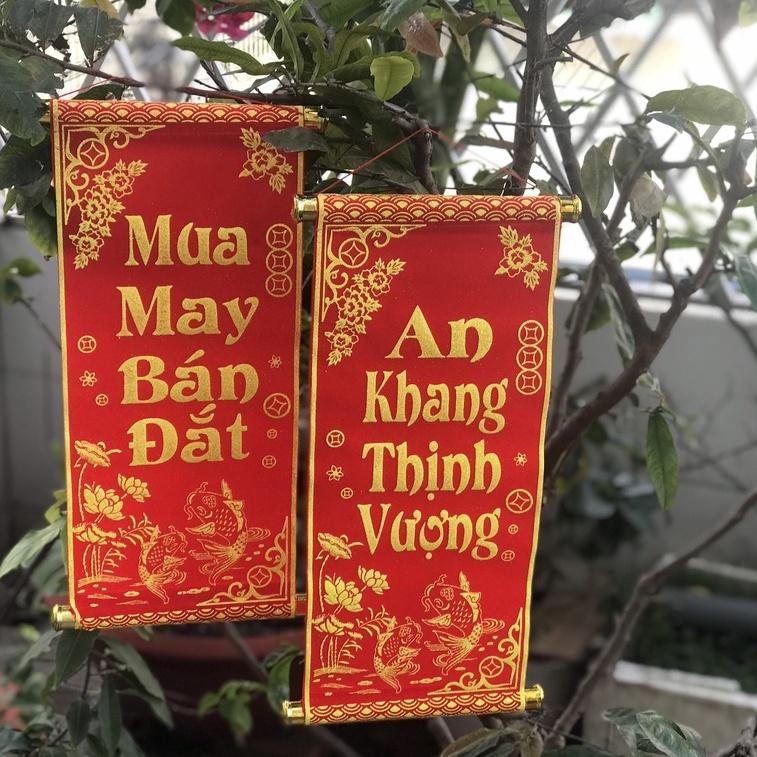 Liễn nhung đỏ trang trí Tết : mua may bán đắt- an khang thịnh vượng