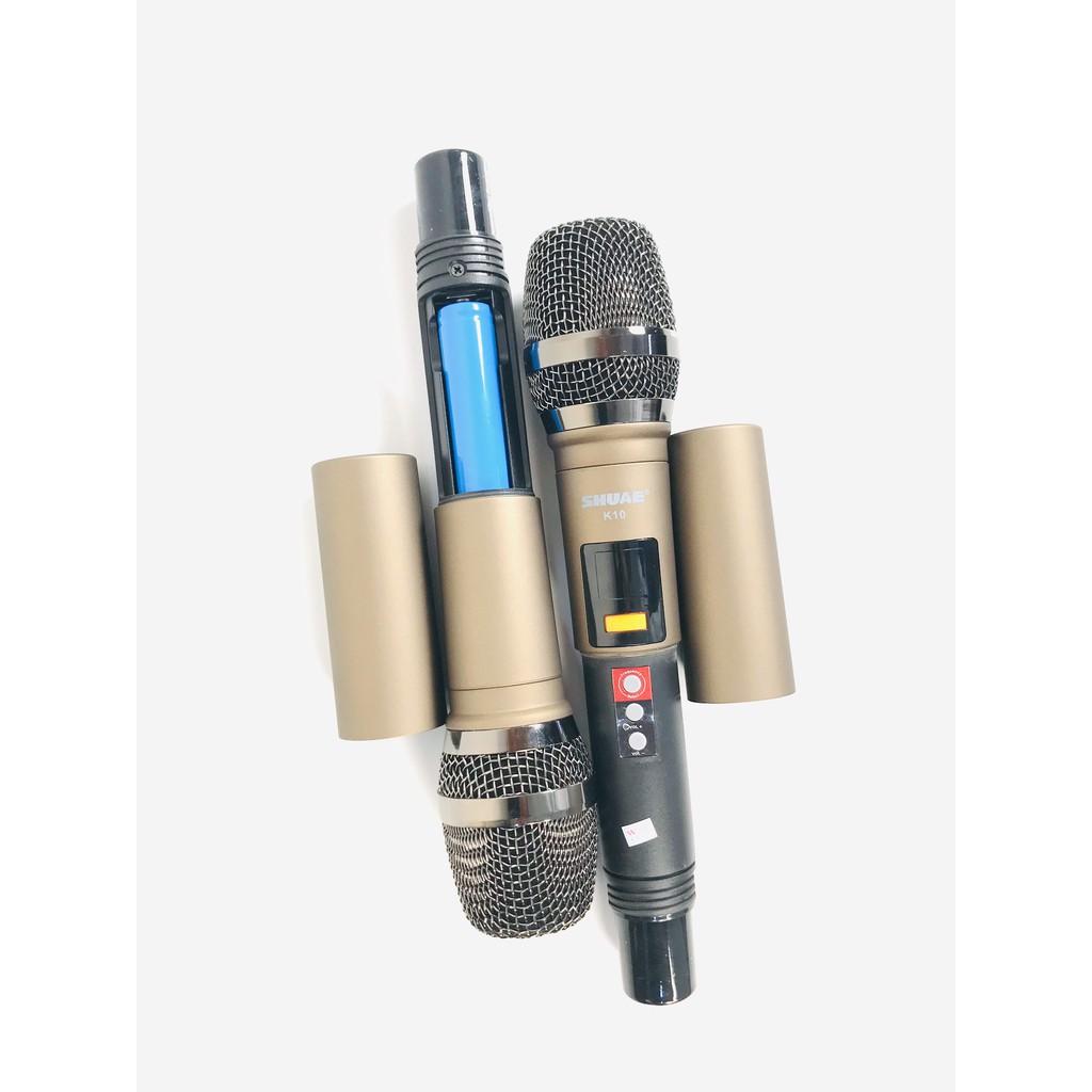 Micro karaoke không dây đa năng cao cấp Shuae K10 dành cho mọi loa tặng 3 pin sạc 2 chống lăn 2 mút chụp jack chuyển 3.5