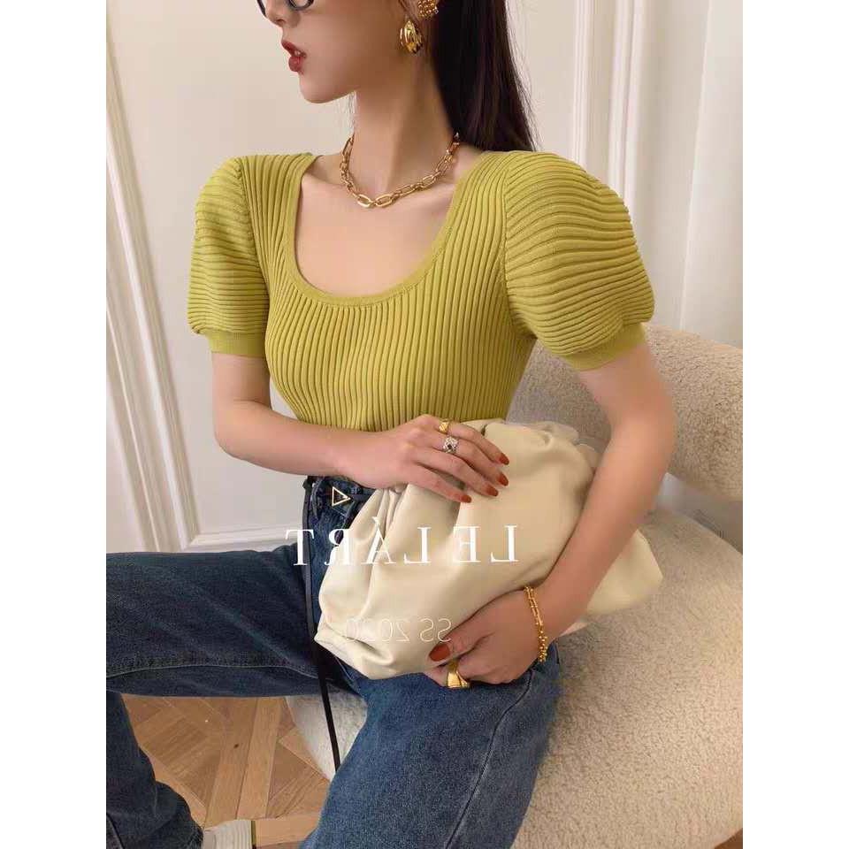 Áo croptop dệt kim cổ chữ U phối tay phồng thời trang cho nữ