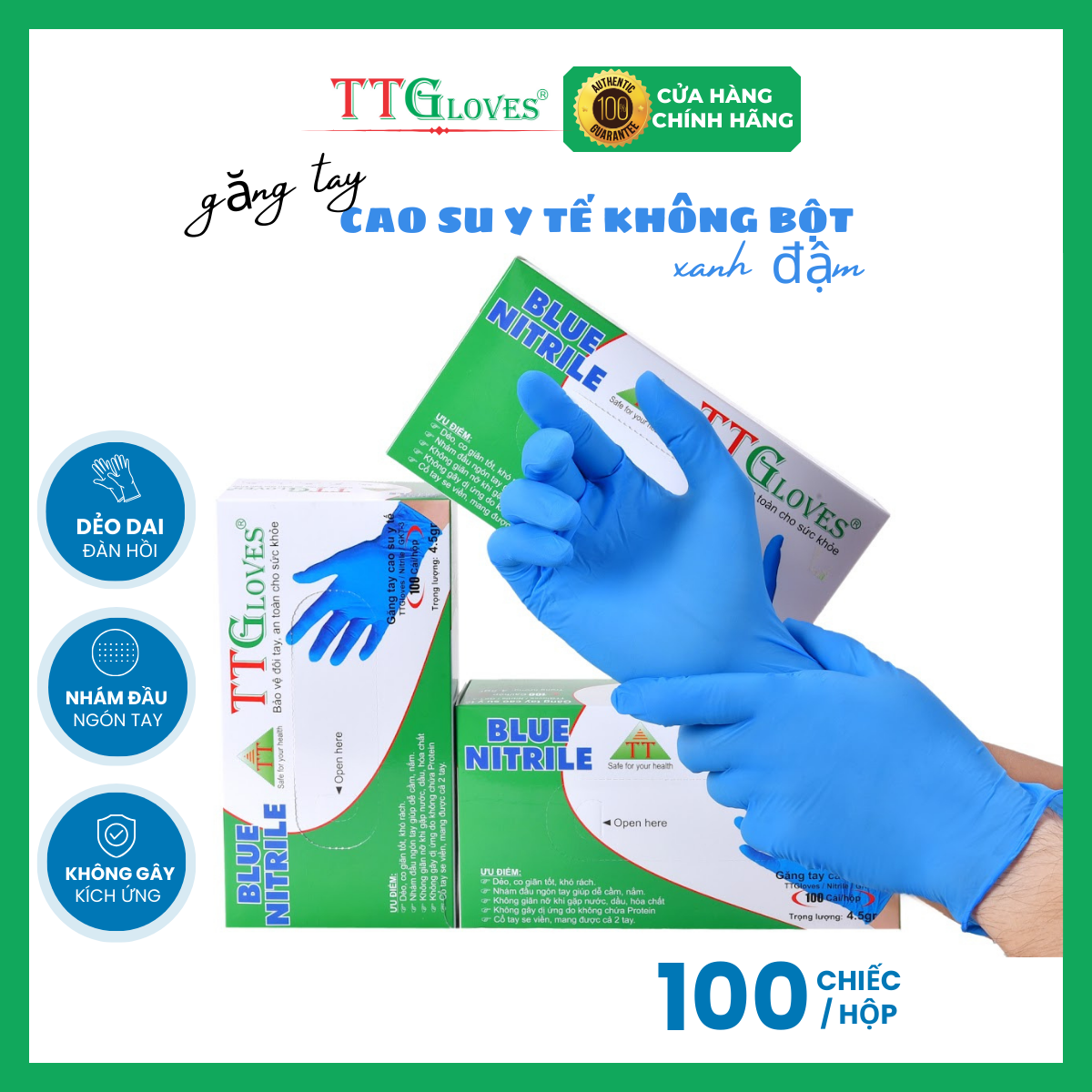 Găng Tay Y Tế, Găng Tay Cao Su Y Tế Không Bột Nitrile TTGLOVES cao cấp Màu Xanh 4.5g 100 Chiếc (SIZE M)