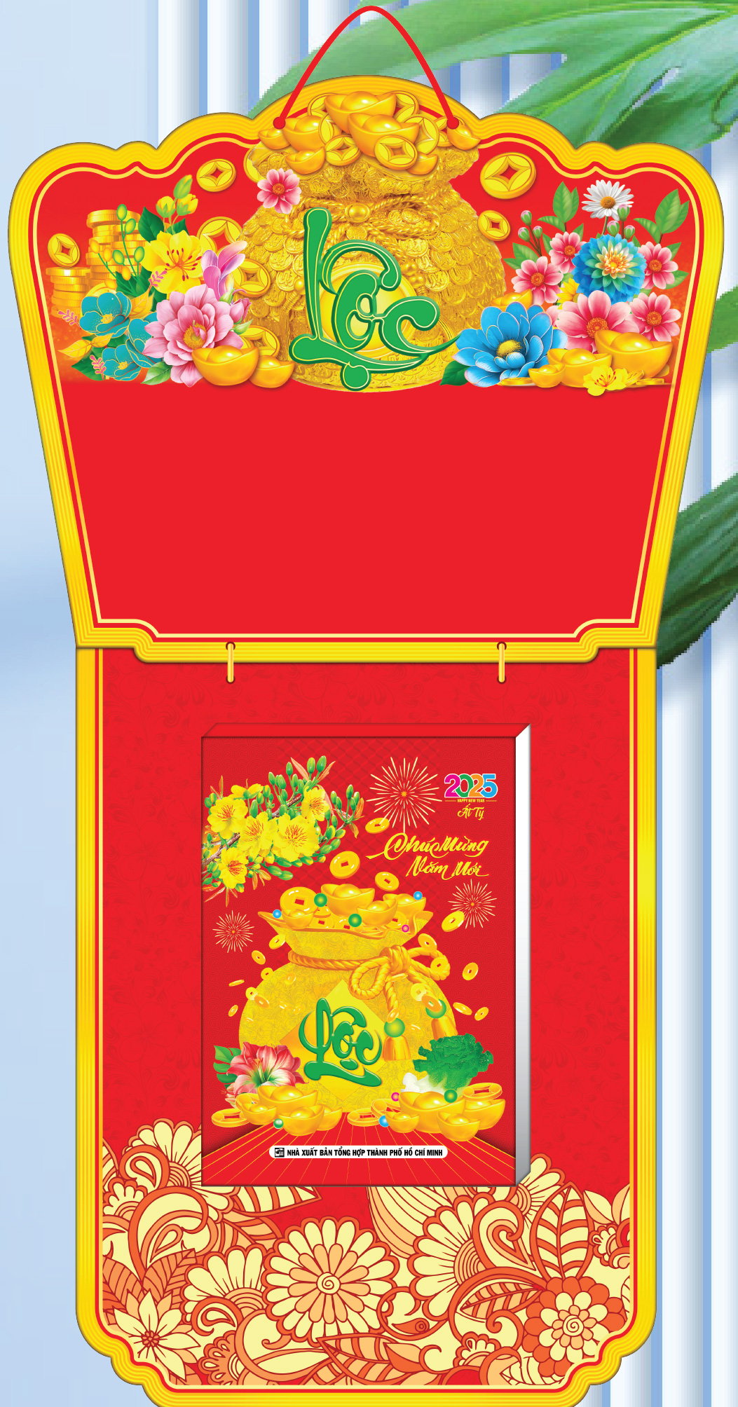 Trọn bộ lịch 2025 (gồm bìa treo và bloc lịch 17x24cm), in chủ đề Hoa và Phong Thủy KV08
