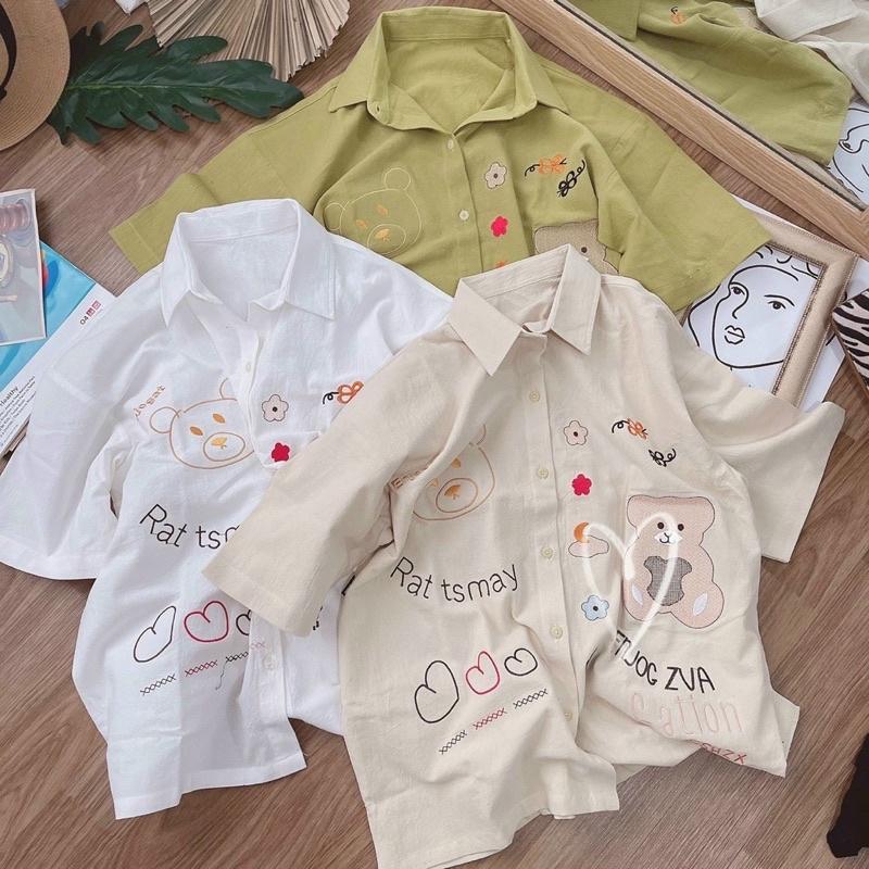 Áo sơ mi tay ngắn thêu gấu