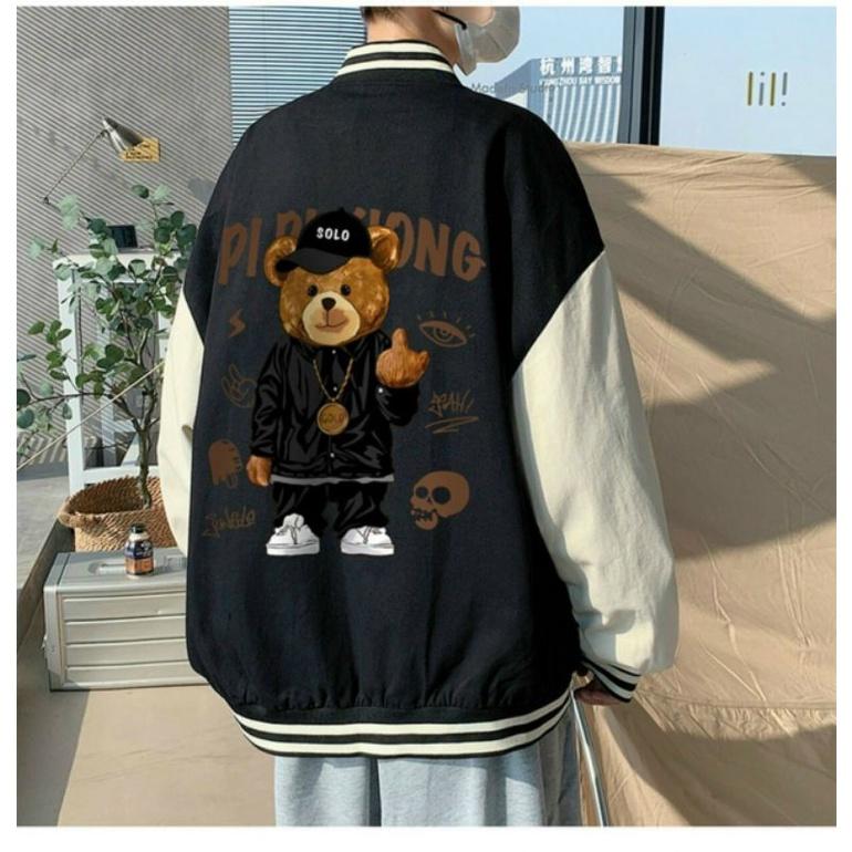 Áo khoác bomber form rộng nút bấm lưng in hình gấu teddy trẻ trung năng động genz