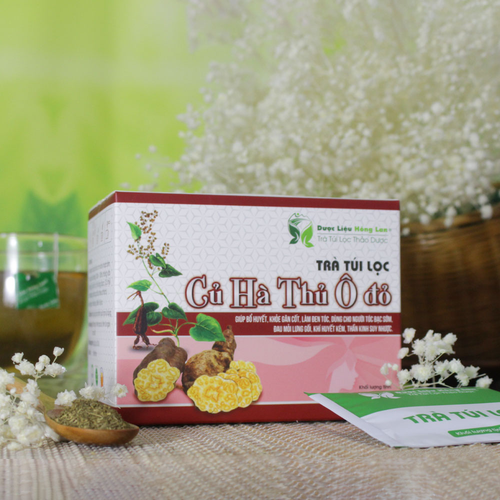 Trà Củ Hà Thủ Ô Đỏ túi lọc hộp 60g Dược Liệu Hồng Lan - Giúp bổ huyết, khỏe gân cốt, làm đen tóc, Dùng cho người tóc bạc sớm, đau mỏi lưng gối, khí huyết kém, thần kinh suy nhược.
