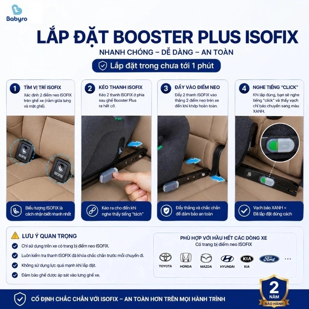 Ghế ngồi ô tô cho trẻ em Babyro Booster Plus(Có isofix), ghế nâng chiều cao cho bé 6 - 12 tuổi, tiêu chuẩn R129 - Hàng chính hãng
