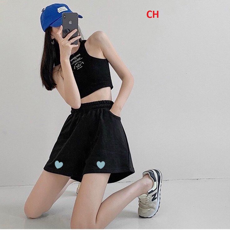 Quần đùi nữ tim xanh cotton lưng chun