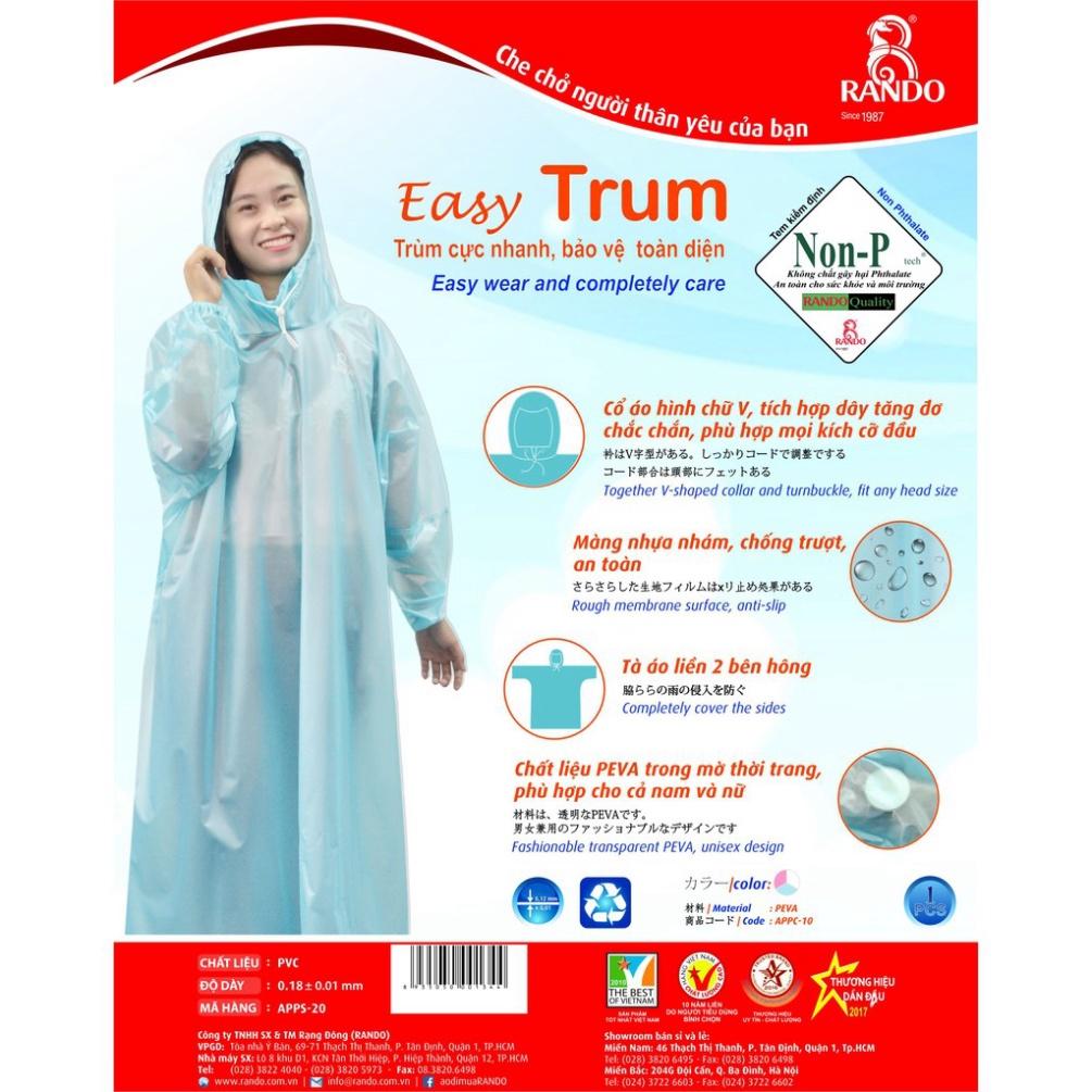 Áo Mưa Bít 1 Người Trùm Đầu EASYTRUM, GIÁ SỈ, RANDO Chính Hãng, Nhựa Trong Thời Trang Siêu Nhẹ Không Thấm Nước