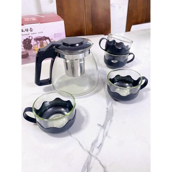 Sỉ 33K - Bộ Ấm Pha Trà Thủy Tinh Kèm 4 Tách Lưới Lọc Inox 304 Không Gỉ