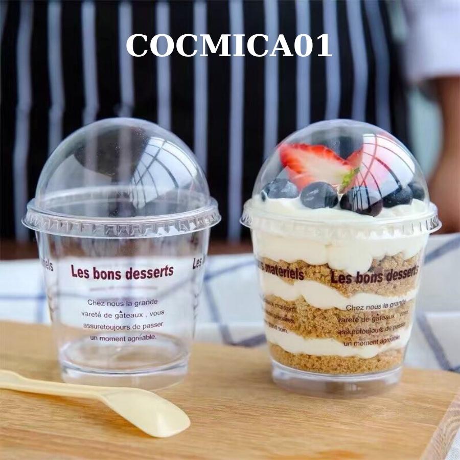 Ly Bánh Tiramisu Mousse SET 10 Cốc Panna Cotta Sữa Chua Bằng Mica Trong Có Nắp in Chữ LES BONS